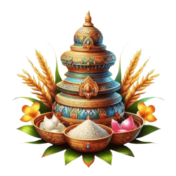 Pooja items including fruits, candles, and traditional decorations